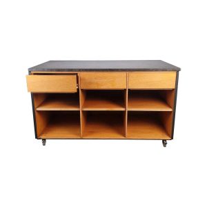 Super-Seat | Anthrazitfarbener Holzschrank, Marmorplatte, 3 Schubladen, Regale, Rollen |. | Catering Möbel