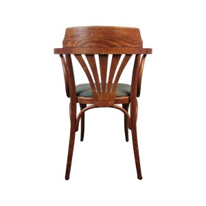 Super-Seat | A Classic Thon Vintage-Armstuhl | Donkergroen zitkussen, houten frame, gebogen rugleuning en poten, waaier-vormige rugsteunen. | Horecameubilair