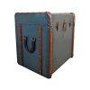 Super-Seat | Blauer Beistelltisch im Vintage-Stil, braunes Leder, Messingnieten, Metallschließe. | Catering Möbel