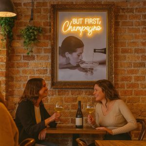 Super-Seat | Zwei Frauen sitzen an einem Holztisch... | Houten tafel, houtkleur; stoelen van bruin hout of leder; neonkunst in antiek houten lijst. | Horecameubilair