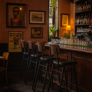 Super-Seat | Eine gemütliche Bareinrichtung mit vier stapelbaren Jody Design-Barhocker für die Gastronomie in schwarz/braun am Holztresen | Zwarte en bruine stapelbare barkrukken van metaal en hout aan houten bar, warme sfeer door kunst, planten, lampen. | Horecameubilair