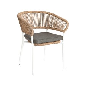 Super-Seat | The Ibiza wit (terras) stapelstoelen met kussen | Witte metalen frame, lichtbruin gevlochten rug en zijkanten, grijs kussen, modern design. | Horecameubilair