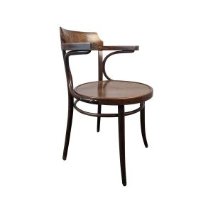 Super-Seat | A Milford Vintage-Thon-Armstühle | Dunkles Holz, gebogene Rückenlehne, runder Sitz, schlanke Beine mit Ringverstrebung. | Horecameubilair