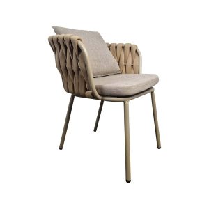 Super-Seat | The Onnoble design (patio) stacking chairs taupe | Modernes Gestell aus beigem Metall, geflochtener Teppich, taupefarbene Kissen, hellbrauner, weißer Hintergrund. | Catering Möbel