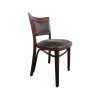Super-Seat | The Stonemill vintage wooden chairs Cabin chairs | Dunkler Holzstuhl mit geschwungenem Teppich, schwarzem Stoffsitz, Metallnieten. | Catering Möbel