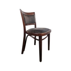 Super-Seat | The Stonemill vintage wooden chairs Cabin chairs | Dunkler Holzstuhl mit geschwungenem Teppich, schwarzem Stoffsitz, Metallnieten. | Catering Möbel