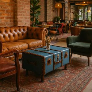 Super-Seat | Braunes Ledersofa, grüner Stoffsessel, blauer Holzkoffertisch, melierter Teppich. | Catering Möbel