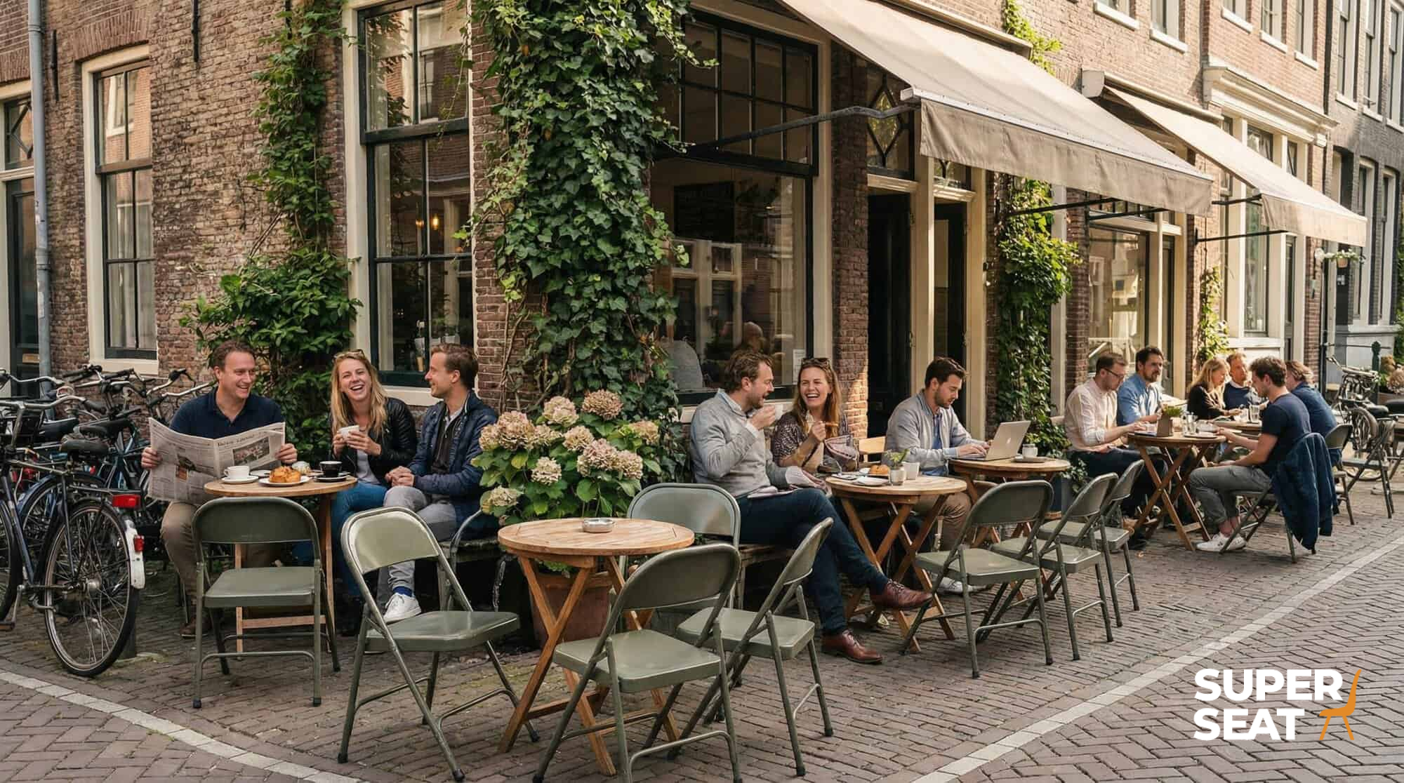 Super-Seat | Klappstühle und Tische aus Metall in Armee-Grün auf Kopfsteinpflaster, die die Leute draußen genießen. | Catering Möbel