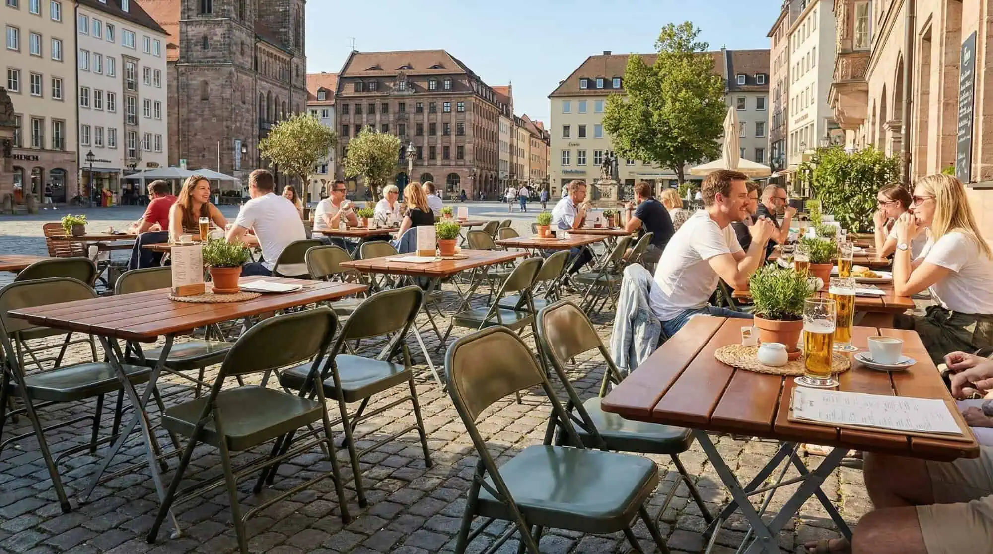 Super-Seat | FieldFold vintage metal army green folding chairs | Army green metal folding chairs and tables on cobblestone terrace, outdoor. | Catering Möbel