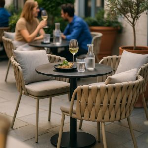 Super-Seat | Taupe Onnoble Stapelstühle, Outdoor-Tisch mit Metallgestell und Kunststoffschale, moderner Terrassenstil. | Catering Möbel