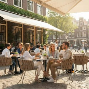 Super-Seat |Taupefarbene Kunststoff-Stapelstühle und Metalltische auf einer Terrasse mit großen Sonnenschirmen, umgeben von Fahrrädern. | Catering Möbel