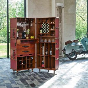 Super-Seat | Die Authentic Models 'Pop up' Bar im Koffer weinrot | Weinroter Holzschrank auf Rollen mit Glas, Flaschen und Metallzubehör. Vintage-Look. | Catering Möbel