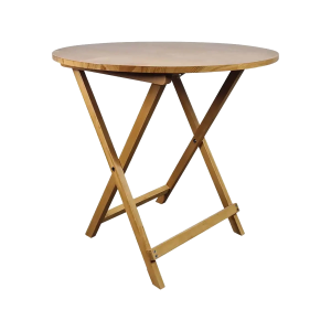 Super-Seat | Runder Klapptisch aus Holz hellbraun Runder Klapptisch aus hellbraunem Holz mit gekreuzten Beinen und Stütze, weißer Hintergrund. | Catering Möbel