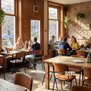 Super-Seat | Cognacfarbene Lederstühle und Holztische in einer warmen, grünen, industriellen Caféumgebung. | Catering Möbel