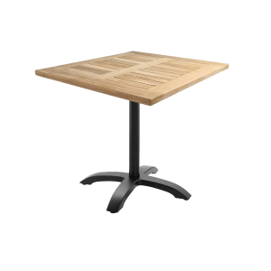 Super-Seat | Quadratischer Holztisch mit Lattenrost, schwarzem Metallsockel und vier geschwungenen Beinen, abgebildet auf einem weißen Hintergrund. | Catering Möbel