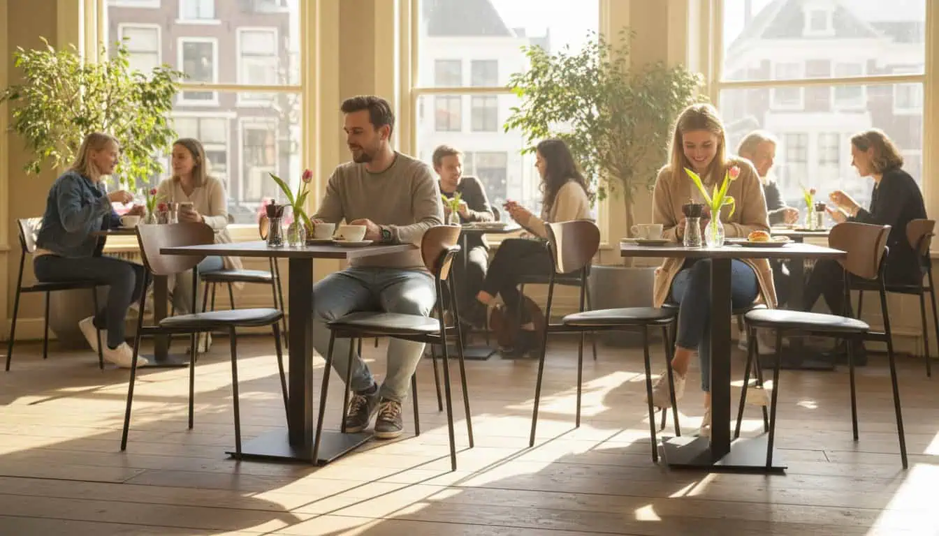 Super-Seat | Tischplatten aus braunem Eichenmelamin 67x67cm Tische aus braunem Eichenmelamin, schwarze Metallstühle, Sonnenlicht, Grünpflanzen. | Catering Möbel