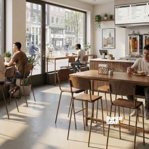 Super-Seat | Holztische, braune Lederbarhocker mit Bronzegestell in einem hellen Restaurant mit Fenstern. | Catering Möbel