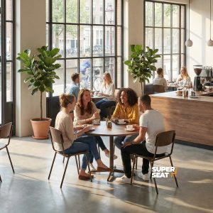 Super-Seat | Vier Personen an rundem Tisch mit Vanitas Vintage-Schulstühlen, braune Bronzerahmen, Holz, helles Interieur, große Fenster |. | Catering Möbel