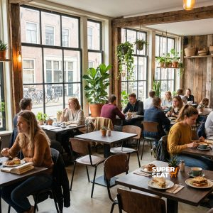 Super-Seat | Bruin eiken melamine tafelbladen 67x67cm Stoelen, tafels en barkrukken in houtlook, bruin eiken melamine, met groene planten en veel licht. | Horecameubilair