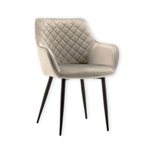 Super-Seat | Moderner Stuhl mit gestepptem Stoff, geschwungenen Armlehnen und schlanken schwarzen Metallbeinen auf weißem Hintergrund. | Catering Möbel