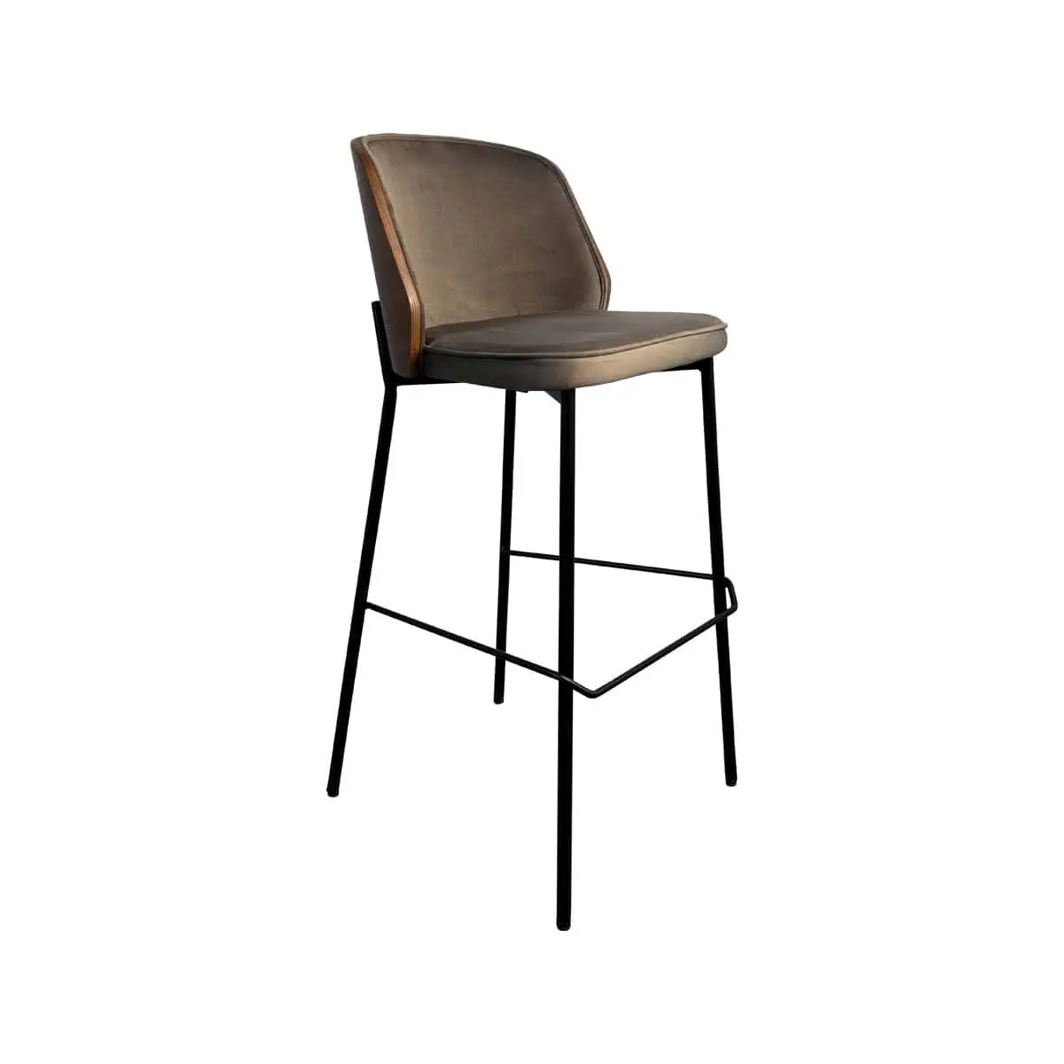 Super-Seat | Maison design chairs velour Mocha Barhocker mit Sitz aus mokkafarbenem Velours, geschwungenem Teppich und schlanken schwarzen Metallbeinen mit Fußstütze. | Catering Möbel