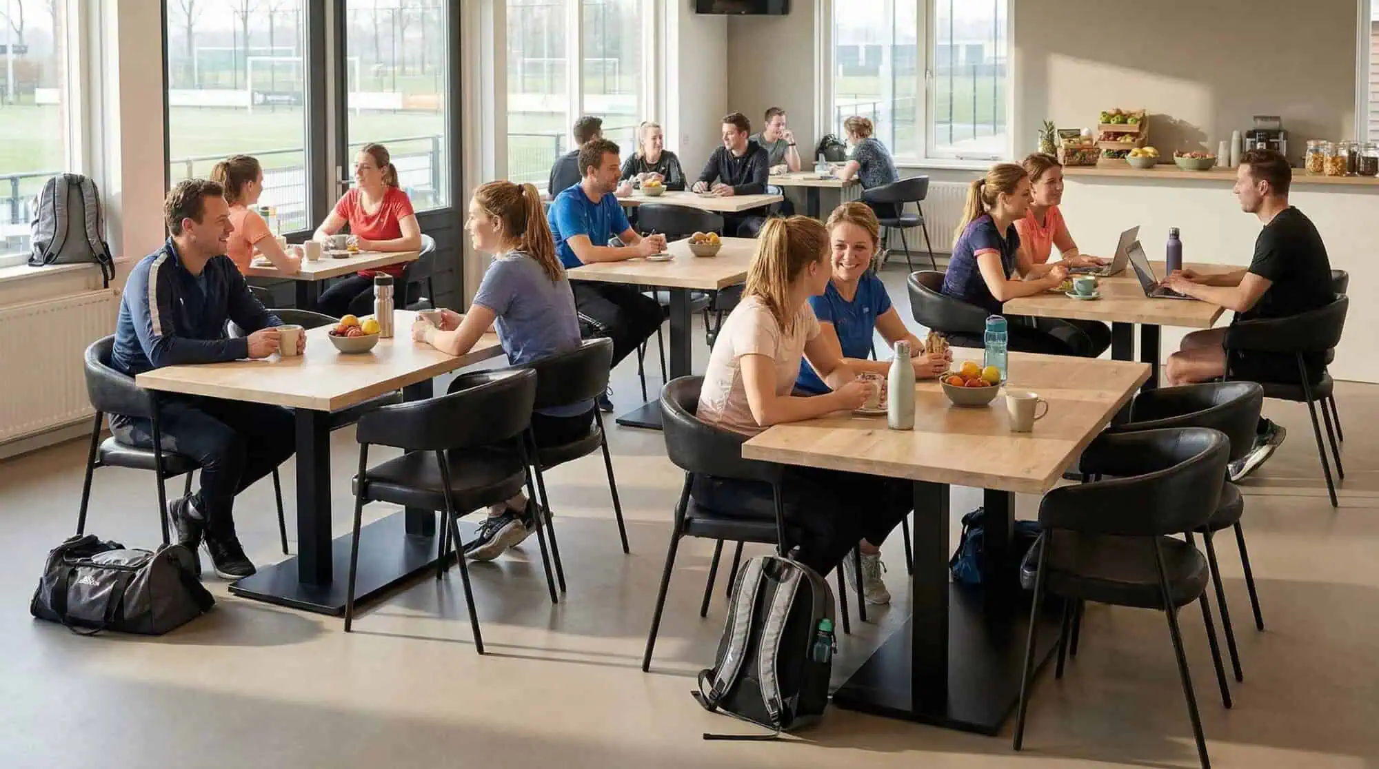 Super-Seat | Hospitality Tische mit massiver Eichenplatte Tische aus massiver Eiche mit schwarzen Gestellen, umgeben von modernen Stühlen in hellen Farben. | Catering Möbel