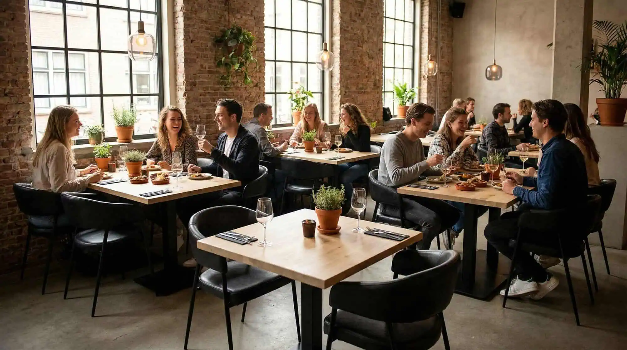 Super-Seat | Hospitality Tische massive Eichenplatte mit schwarzem Untergestell 120x70cm Tische aus Eiche, schwarze Stahlrahmen, helle Stühle, Backsteinwände. | Catering Möbel