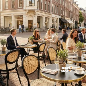 Super-Seat | Hospitality Terrace Tables Black Gold | Schwarze Metallstühle und Tische mit runder schwarz-goldener Platte, Terrassenszene, Sonne, Pflastersteine. | Catering Möbel
