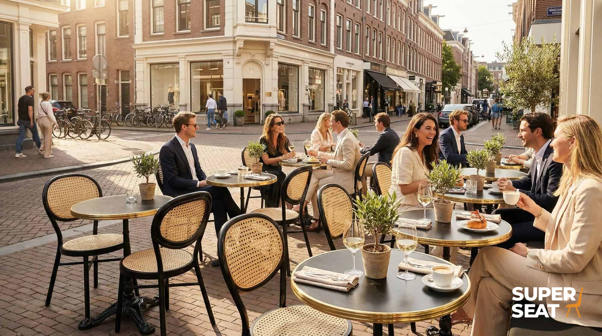 Super-Seat | Hospitality Terrace Tables Black Gold | Schwarze Metallstühle und Tische mit runder schwarz-goldener Platte, Terrassenszene, Sonne, Pflastersteine. | Catering Möbel