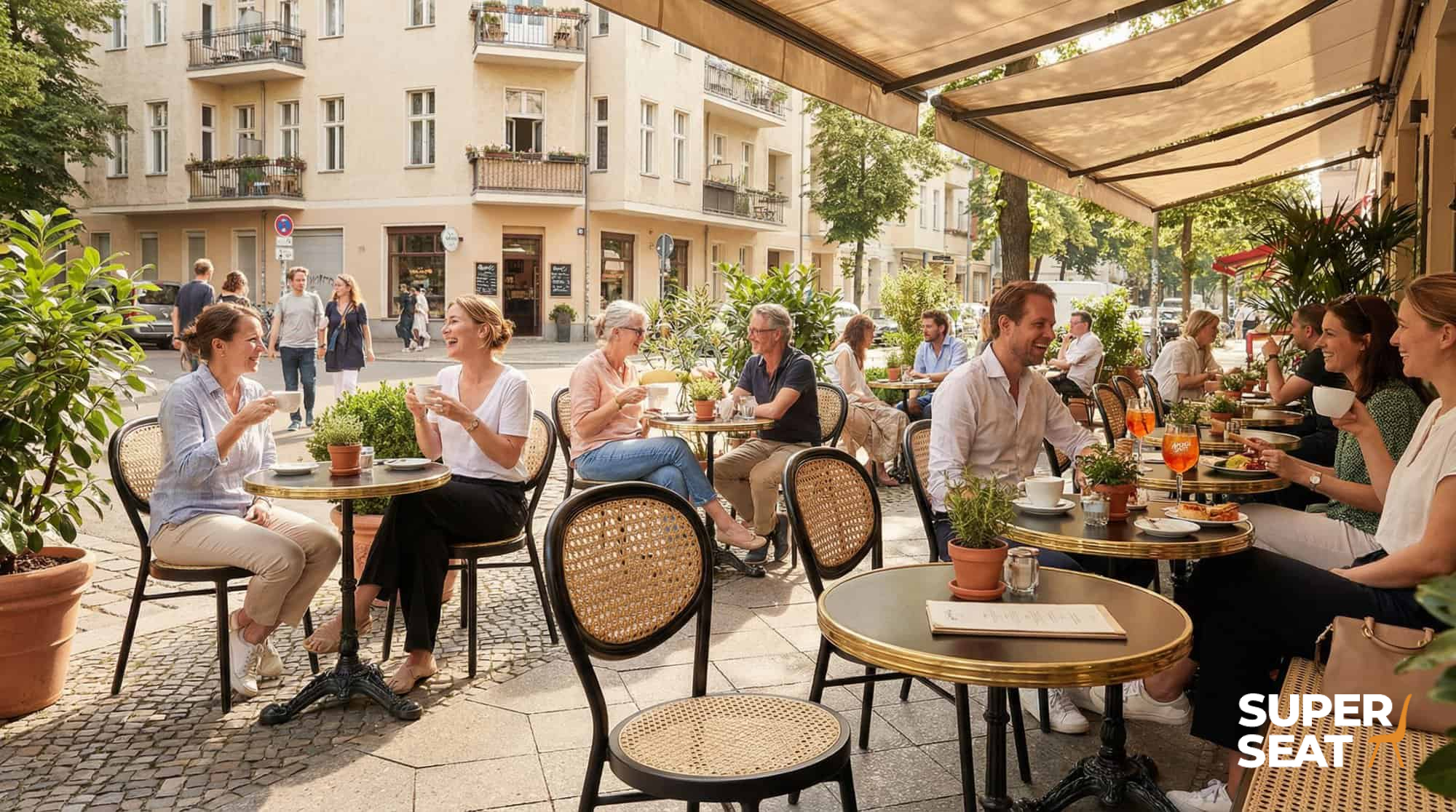 Super-Seat | Hospitality (Terrasse) Tische schwarz gold top rund 70cm mit schwarzem Fuß | Schwarze Stahlstühle, runde Tische mit goldener Platte, Stadtatmosphäre. | Catering Möbel