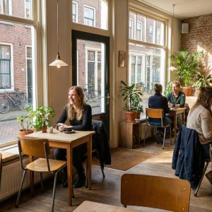 Super-Seat | Ardell vintage anthrazitfarbene Schulstühle | Dunkle Holztische, anthrazitfarbene Holzstühle, Backsteinwand, große Fenster. | Catering Möbel