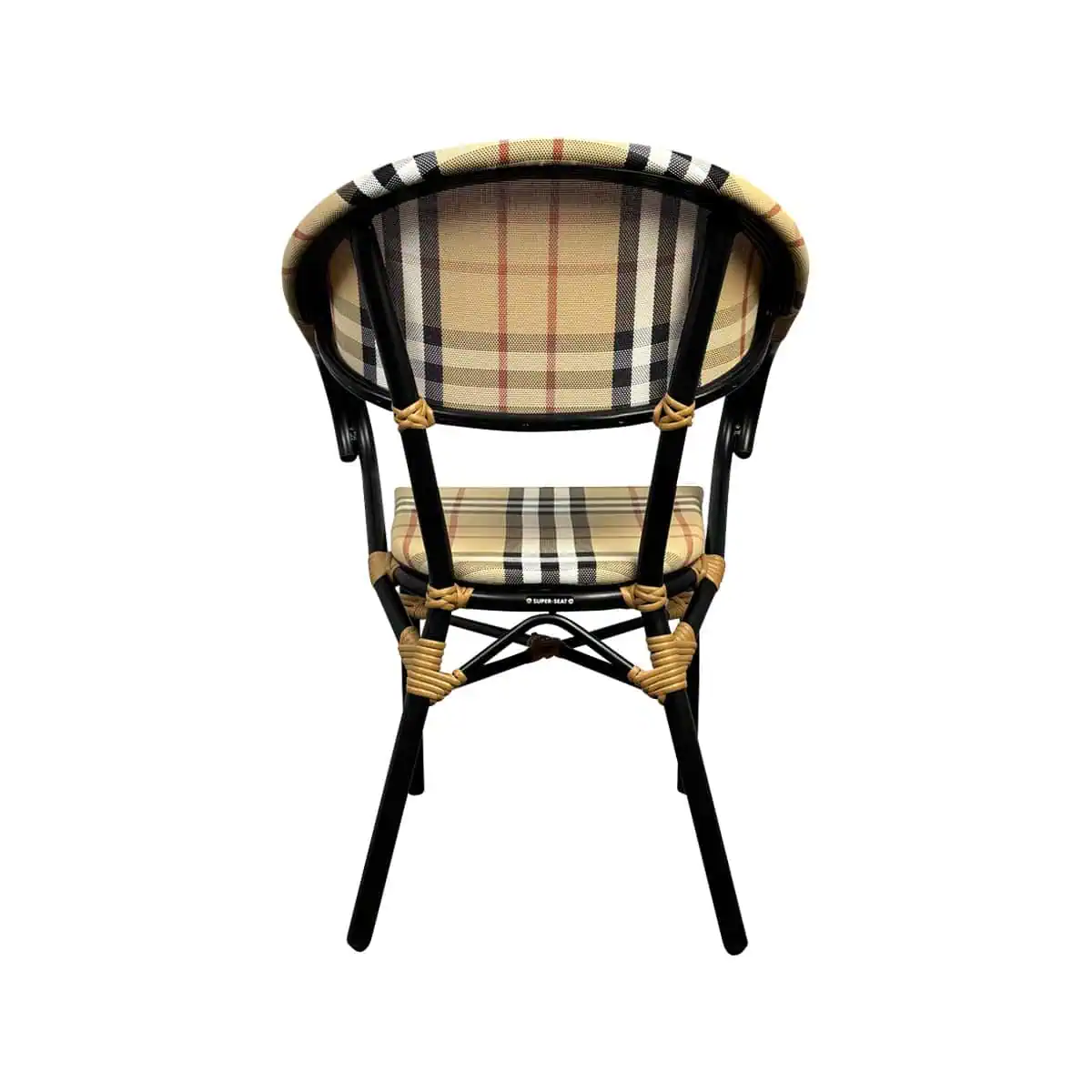 Super-Seat | Die Vicktor Schulstühle aus Holz und schwarzem Metall | Schwarzer Metallrahmen, beige karierter Sitz/Rücken, gelbe Kordelakzente. | Catering Möbel