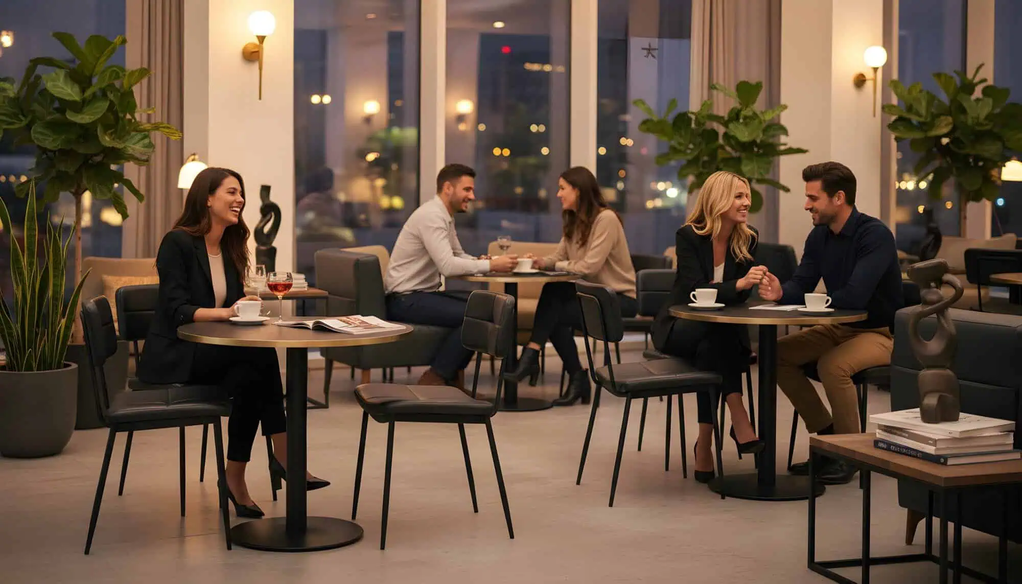 Super-Seat | Gerlon Vintage Leder Design Stühle schwarz | Schwarze Lederstühle und moderne Tische in einem gut beleuchteten Café mit Grünpflanzen und Blick auf die Stadt. | Catering Möbel