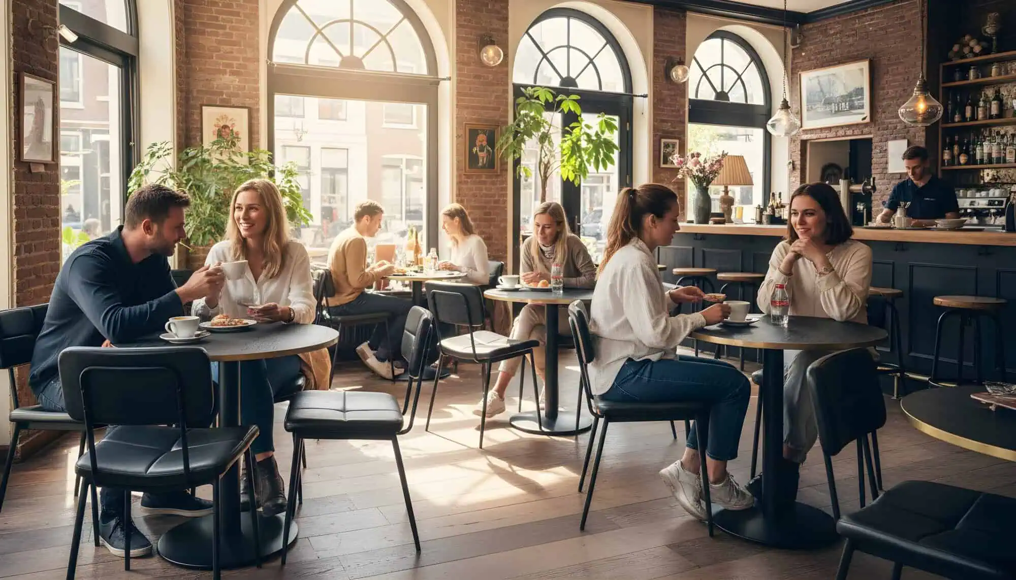 Super-Seat |Schwarze Lederstühle, Holztische; Sonnenlicht durch gewölbte Fenster, Pflanzen und Fotos im Café. | Catering Möbel