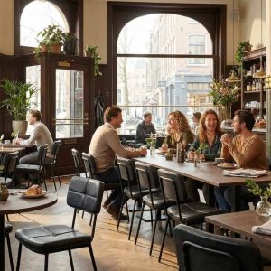 Super-Seat |Black-Stühle, Urban-Messing-Melamin-Tische mit Untergestellen, Holzboden, Glaswaren, viele Fenster und Grünzeug. | Catering Möbel