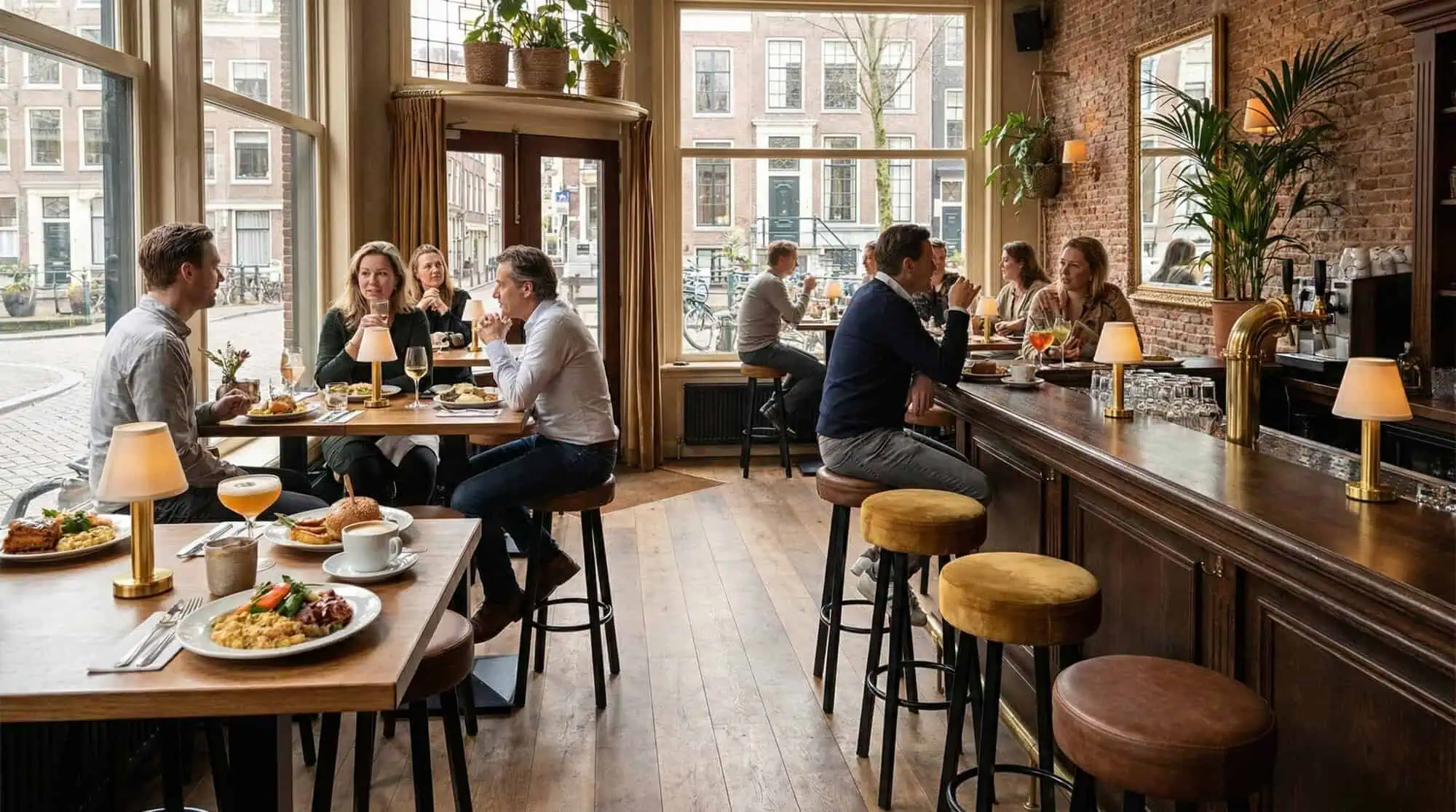 Super-Seat | Industrial Bistro Barstools Black Brown Leather Seat Barhocker aus schwarzem Leder, Holztische, viel Licht, Pflanzen und Essen. | Catering Möbel