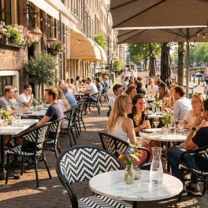 Super-Seat | Holztische, Rattan- und Metallstühle in Schwarz und Weiß direkt am Kanal mit weißen Sonnenschirmen. | Catering Möbel