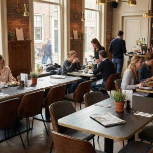 Super-Seat |Gastronomietische Urban Melamin Messing 67x67cm |Goldfarbene Messingtische mit schwarzen Gestellen, moderne Stühle, Backsteinwand, große Fenster. | Catering Möbel