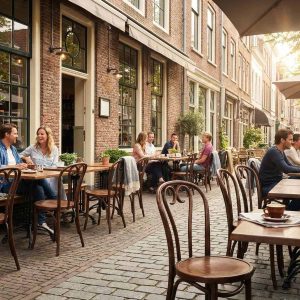 Super-Seat | Terrassenstühle für Gastronomie und Garten | Dunkelbraune Thon Stapelstühle und Tische aus Kunststoff in einem Café in der Klinkerstraße, das von Bäumen beschattet wird. | Catering Möbel