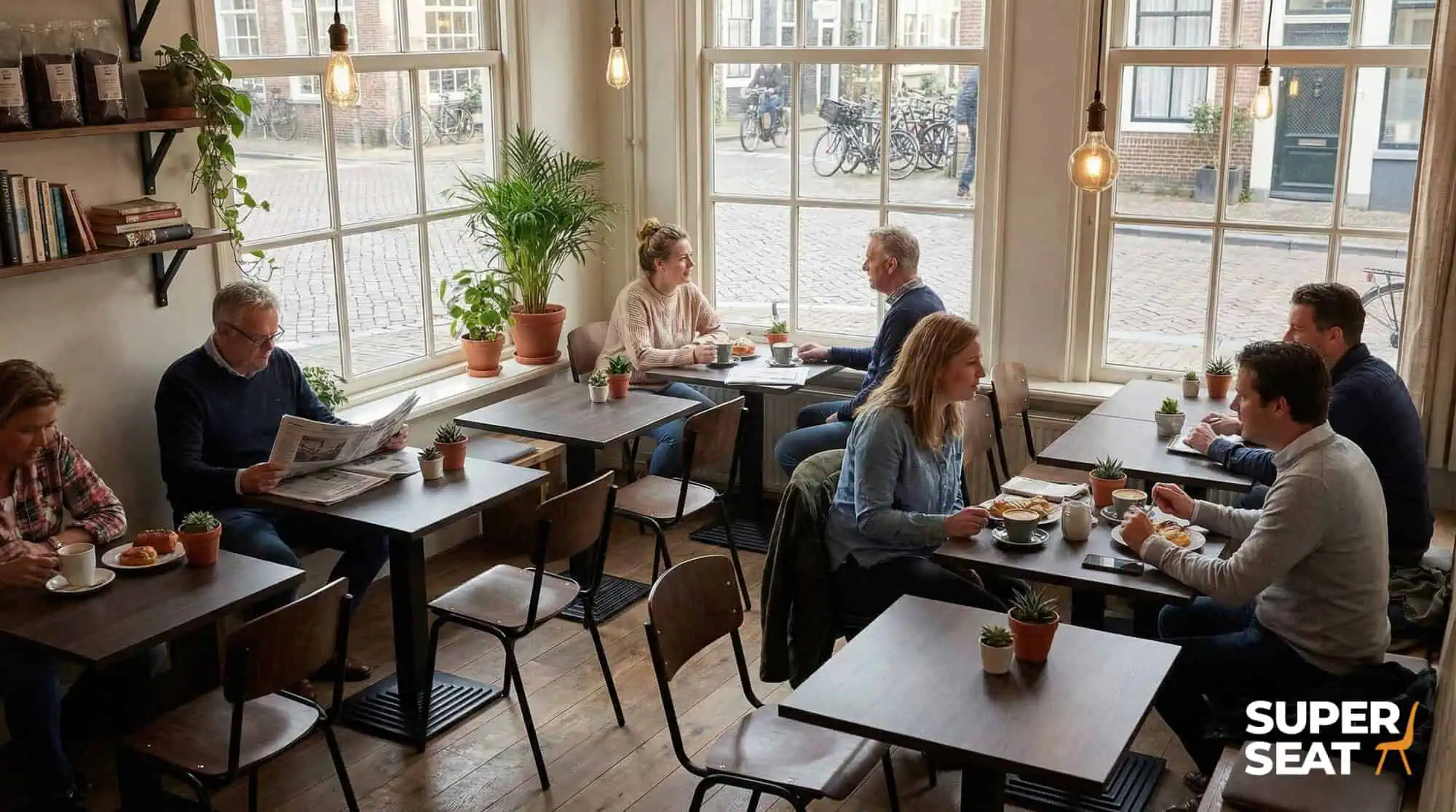 Super-Seat | Tische und Stühle für die Gastronomie | Tische aus Melamin, Metallgestell; Menschen essen, unterhalten sich; Grünpflanzen, SUPER SEAT Text. | Catering Möbel