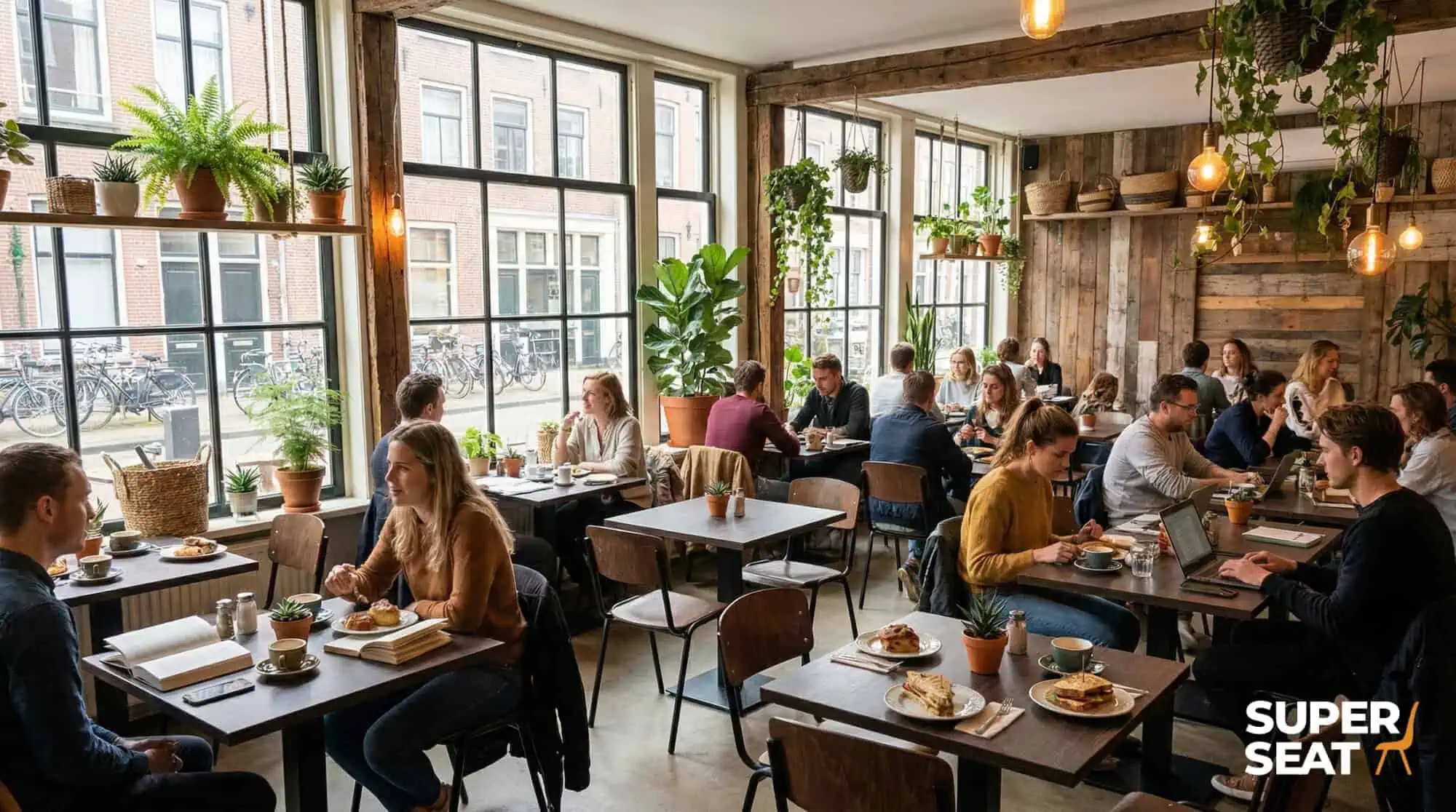 Tische und Stühle von Super-Seat | Hospitality Gold Urban Tische aus Melamin, Holzstühle und das Super-Seat-Logo in einem hellen, grünen Caféraum. | Catering Möbel