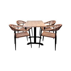 Super-Seat | Modernes Esstisch-Set | Rechteckiger Holztisch mit schwarzen Metallbeinen und vier Korbsesseln mit schwarzen Beinen. | Catering Möbel