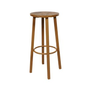Super-Seat |Barkstools Barhocker aus Holz mit runder Sitzfläche, drei angewinkelten Beinen und runder Fußstütze, auf weißem Hintergrund. | Catering Möbel