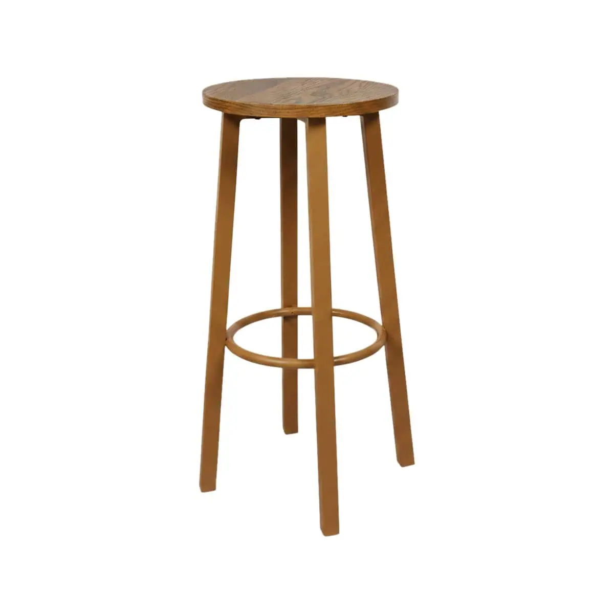 Super-Seat |Barkstools Barhocker aus Holz mit runder Sitzfläche, drei angewinkelten Beinen und runder Fußstütze, auf weißem Hintergrund. | Catering Möbel