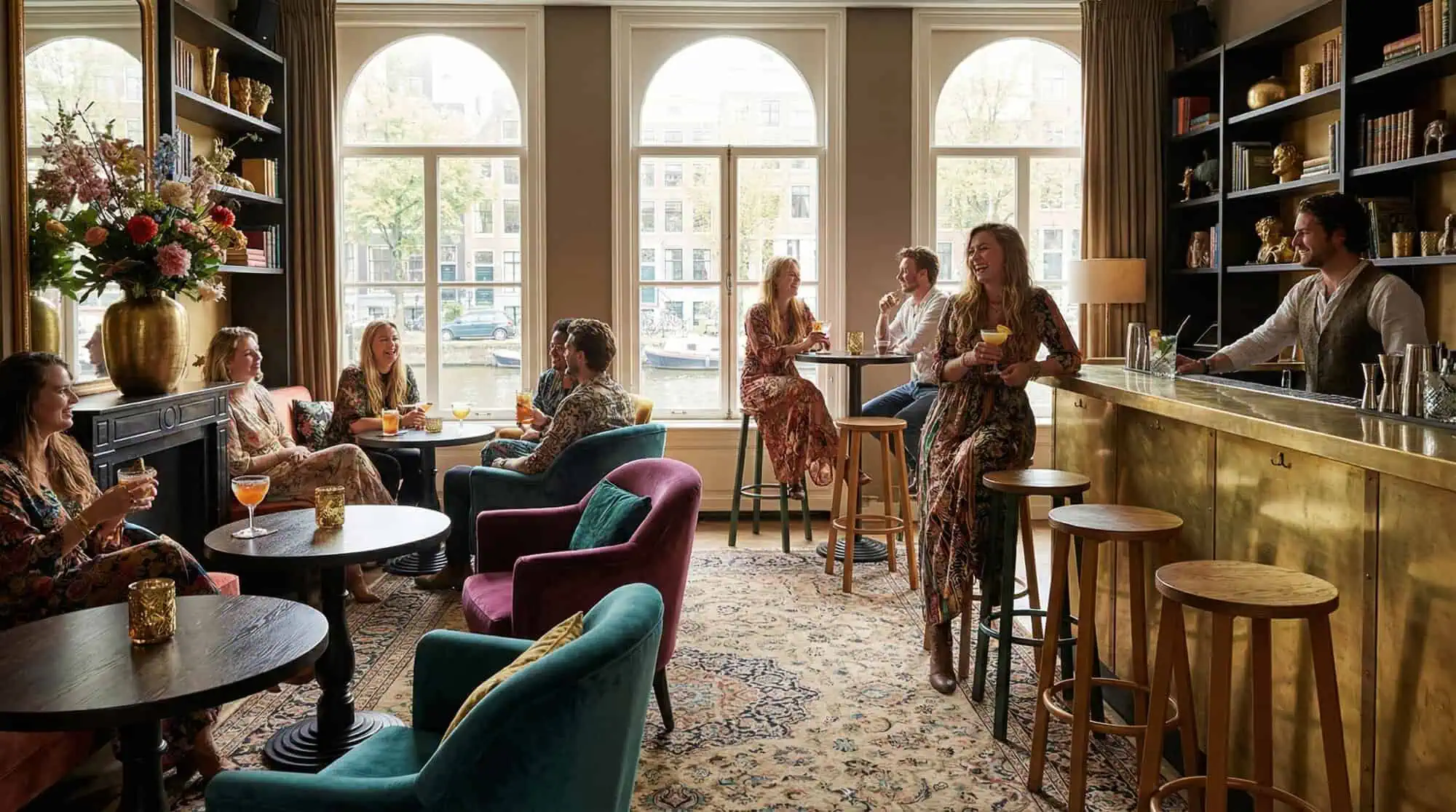 Super-Seat | Bar Interior Inspiration | Samtstühle, Barhocker aus Messing und Tische an großen Fenstern mit Goldakzenten und Holzregalen. | Catering Möbel