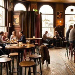 Super-Seat | Café Interior Holztische, Stühle und Barhocker. Licht durch große Fenster. Vintage-Atmosphäre. | Catering Möbel