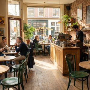 Super-Seat | Holztische, grüne Holzstühle, Backsteinwände und Holzboden im Café. | Catering Möbel