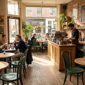 Super-Seat | Holztische, grüne Holzstühle, Backsteinwände und Holzboden im Café. | Catering Möbel