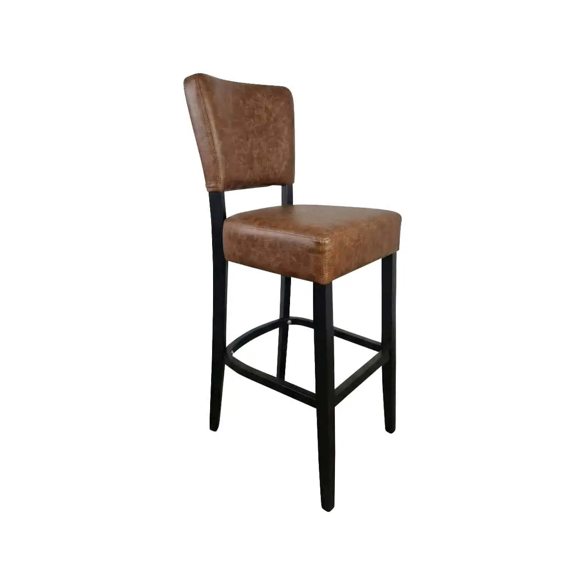 Super-Seat | Cognacfarbener Lederstuhl mit schwarzen Holzbeinen, gepolstertem Teppich und Fußstütze, weißer Hintergrund. | Catering Möbel