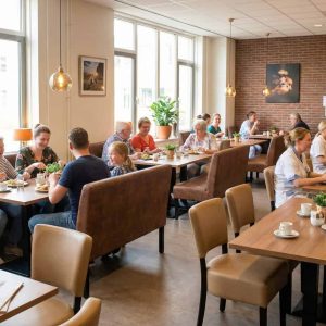 Super-Seat | Holztische, Metallstühle mit blauen Polstern, schwarze Rindenhocker; Backsteinwand und große Fenster. | Catering Möbel